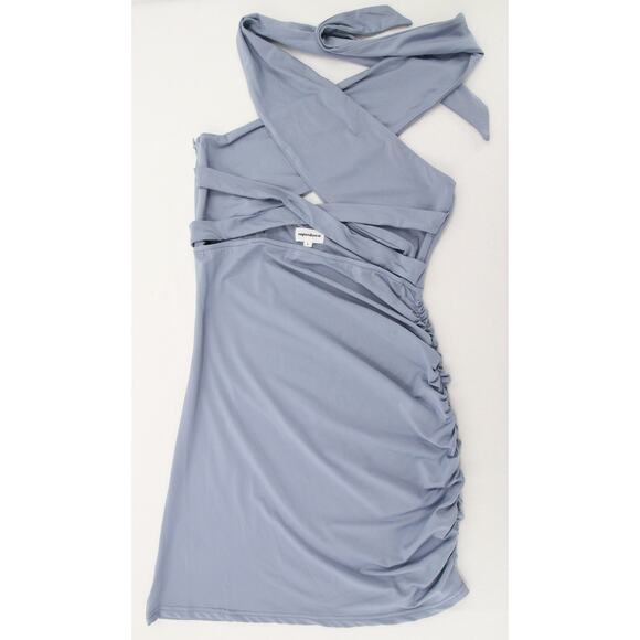 Superdown Suzette Dress Blue Gray Mini Ruched Cutout Tie Stretch Knit Halter L - Picture 3 of 13
